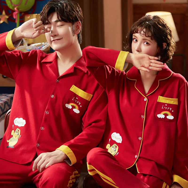 

QUEENX Net red wedding red cotton couple pajamas newlyweds spring and autumn Sleepwear Men's winter pajamas