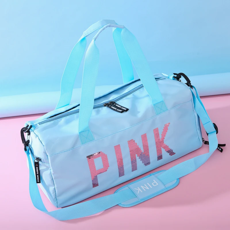 KMUYSL с розовым логотипом, уличная Водонепроницаемая нейлоновая сумка спортивная для мужчин и женщин, тренировочная фитнес-дорожная сумка, большая сумка на плечо, багажные сумки - Цвет: Небесно-голубой