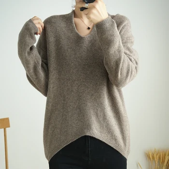 

2019 100% Wool High quality New Women V-neck Sweater Pullover soft Knitted Sweaters Tops Winter Casual Sweater Jumper Tops