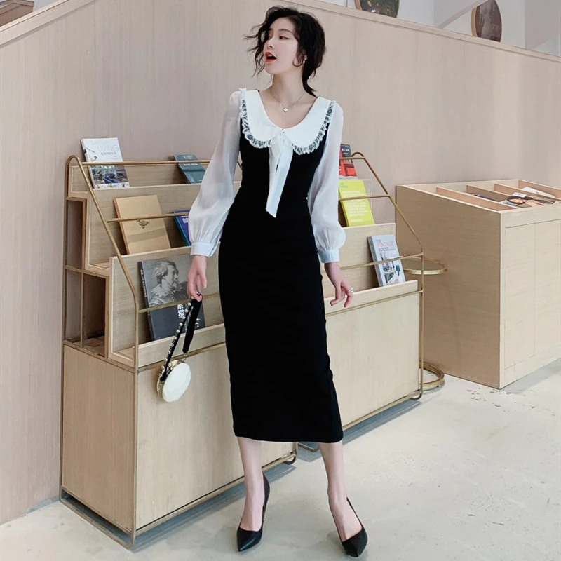 

2020 New Spring Women Leisure Lace Dress Ladies Solid Color Slim Fit Dresses Female Splice High Quality Fashion Dresses LT146