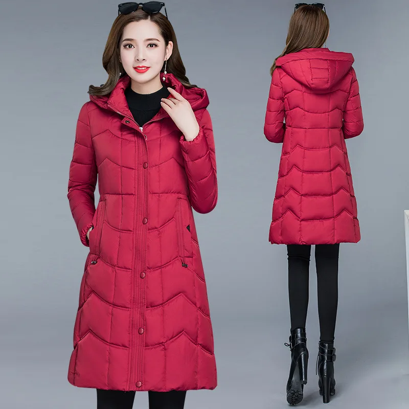

2019 Winter Korean-style New Elegant Generous Solid Color Hooded Warm Long Sleeve Mid-length with Zipper Slim Fit Cotton-padded