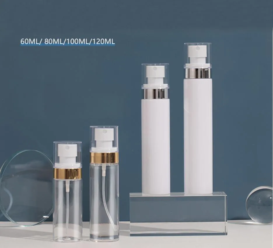 Прозрачная белая пластиковая бутылка для ПЭТ объемом 60 мл, 80 мл, 100 мл, 120 мл, золотой, серебряный насос, тоник с гиалуроновой кислотой, распылитель для воды и тумана, упаковка для духов