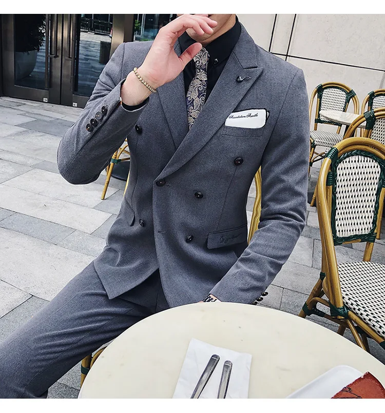 Куртка+ брюки) High-end вышивка одноцветная мужские, повседневные, деловые двубортный костюм 2 предмета в комплекте жениха, свадебное платье, смокинг