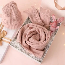 

3PC Knitted Hat Scarf Glove Sets For Women's Winter Warm Wool Twist Cap Gorros Bonnet Solid Headband Knit Scarf New Year's Gift
