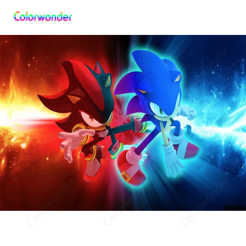

Photography The Hedgehog Sonic and Shadow Red with Blue Starry Sky with Twinkle Stars 7x5ft Backdrops for Kids Birthday Party