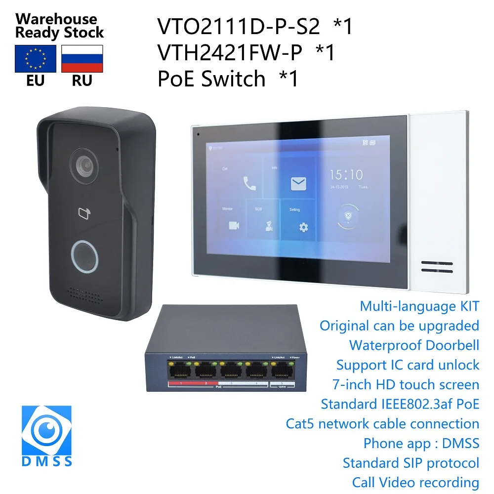 KIT de intercomunicador de vídeo IP en varios idiomas con logotipo DH, incluye VTO2111D-P-S2, VTH2421FW-P, interruptor PoE, firmware SIP