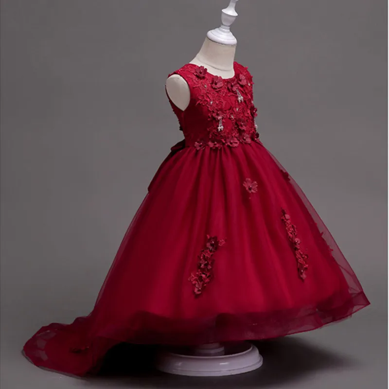 Кружевное детское платье с аппликацией для девочек; вечерние платья-пачки с цветочным принтом и бантом; платья принцессы для девочек; Vestido INS - Цвет: wine red