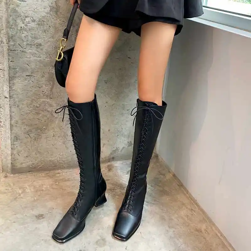 Krazing Pot elegant British style fashion lace up boots square toe high heels winter warm women side zip thigh high boots L66