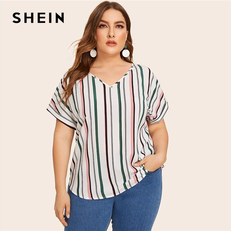 SHEIN Плюс Размер Многоцветный изогнутый подол полосатая блузка Топ Женская летняя с v-образным вырезом короткий рукав Повседневная Плюс топы и блузки