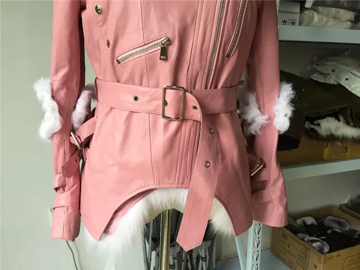 Черная, розовая Женская Шуба из натуральной овчины, толстая, теплая, Натуральная шерсть, меховая подкладка, женская зимняя мотоциклетная куртка