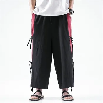 Pantalones de pernera ancha de lino de algodón y pantalones para trotar informales de estilo chino para hombre de pantalones de chá