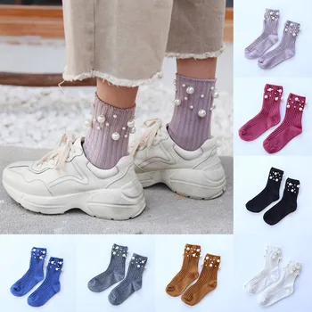 

2019 Women Ribbon Cute Pearl Short Socks Breathable Cotton Ankle High Socks soft and comfortable Solid Winter Socks W0726