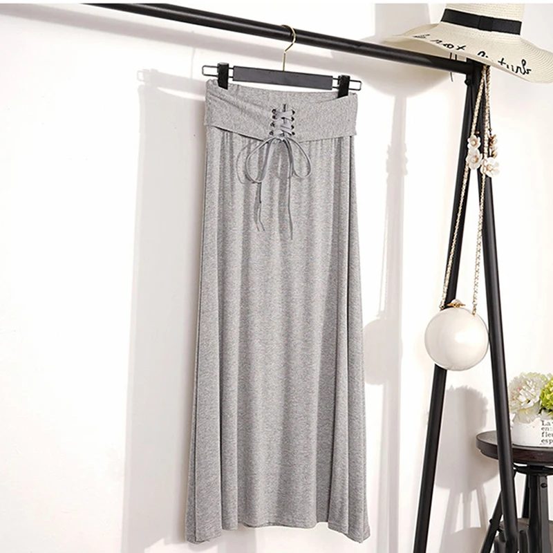 light gray Женская плиссированная юбка с высокой талией, новая модная однотонная эластичная юбка средней длины, Женская Универсальная юбка на шнуровке до середины икры - Цвет: light gray