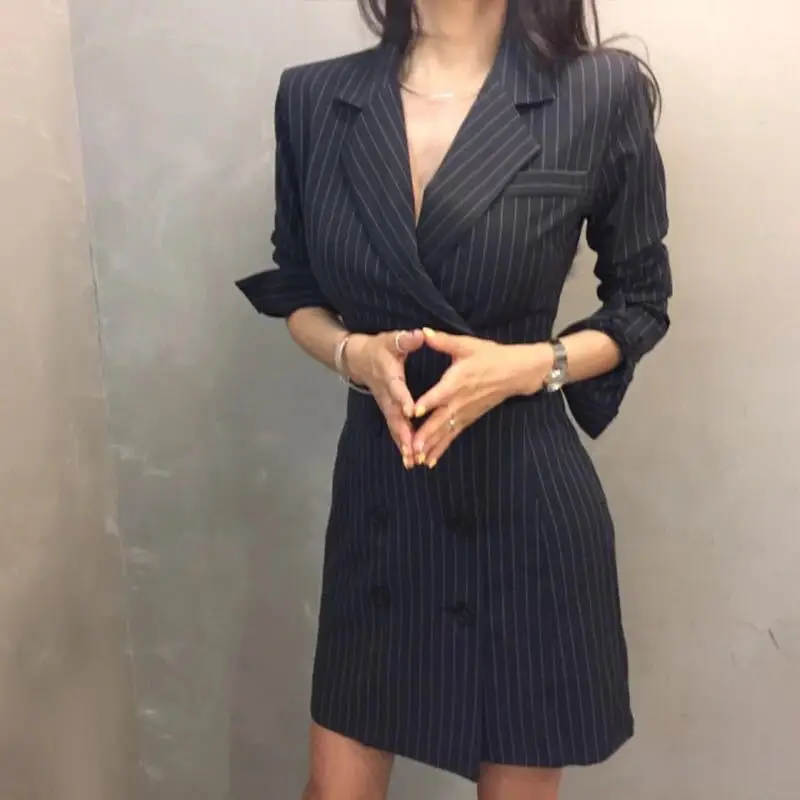 2019 осенний Женский блейзер с длинными рукавами, куртки, офисный женский Полосатый Тонкий Блейзер, двубортный длинный пиджак с v-образным
