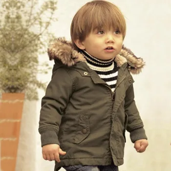 

Children Jacket For Boys Coat In Army Green Thick Removable Fur Hooded Warm Coats Kids Boys Padded Winter Warm Outwear Parka Boy