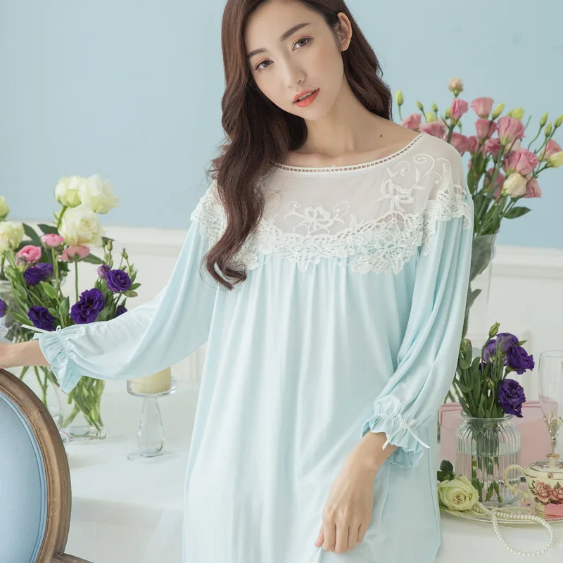 Spring And Autumn Nightgown Women's Autumn Long Sleeve Thin Modal Cotton Princess Court Porous Embroidered Floral Embroidered Tr