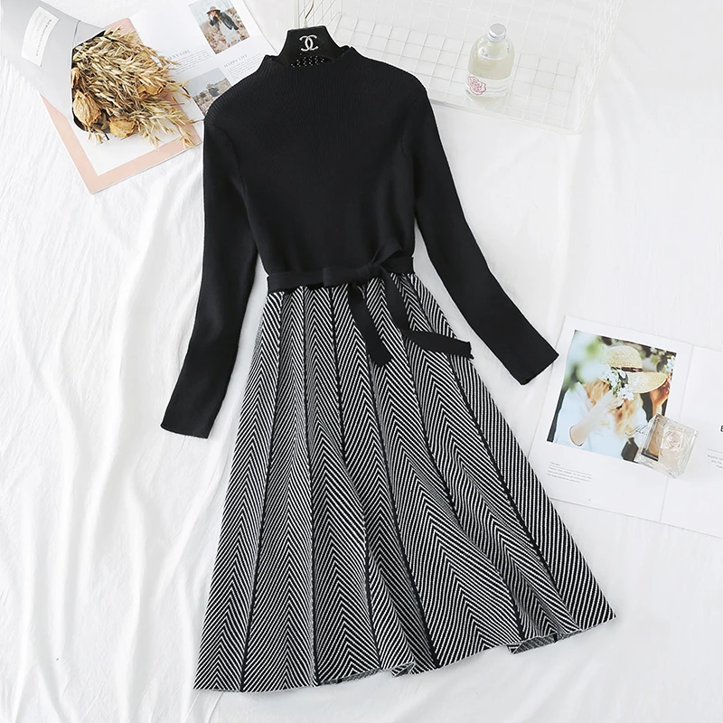 

GUUZYUVIZ 2020 Autumn Winter Women Dress Elegant Turtleneck Pullover Pleated Dress Plus Size Long Sleeve A-line Long Dress Femme