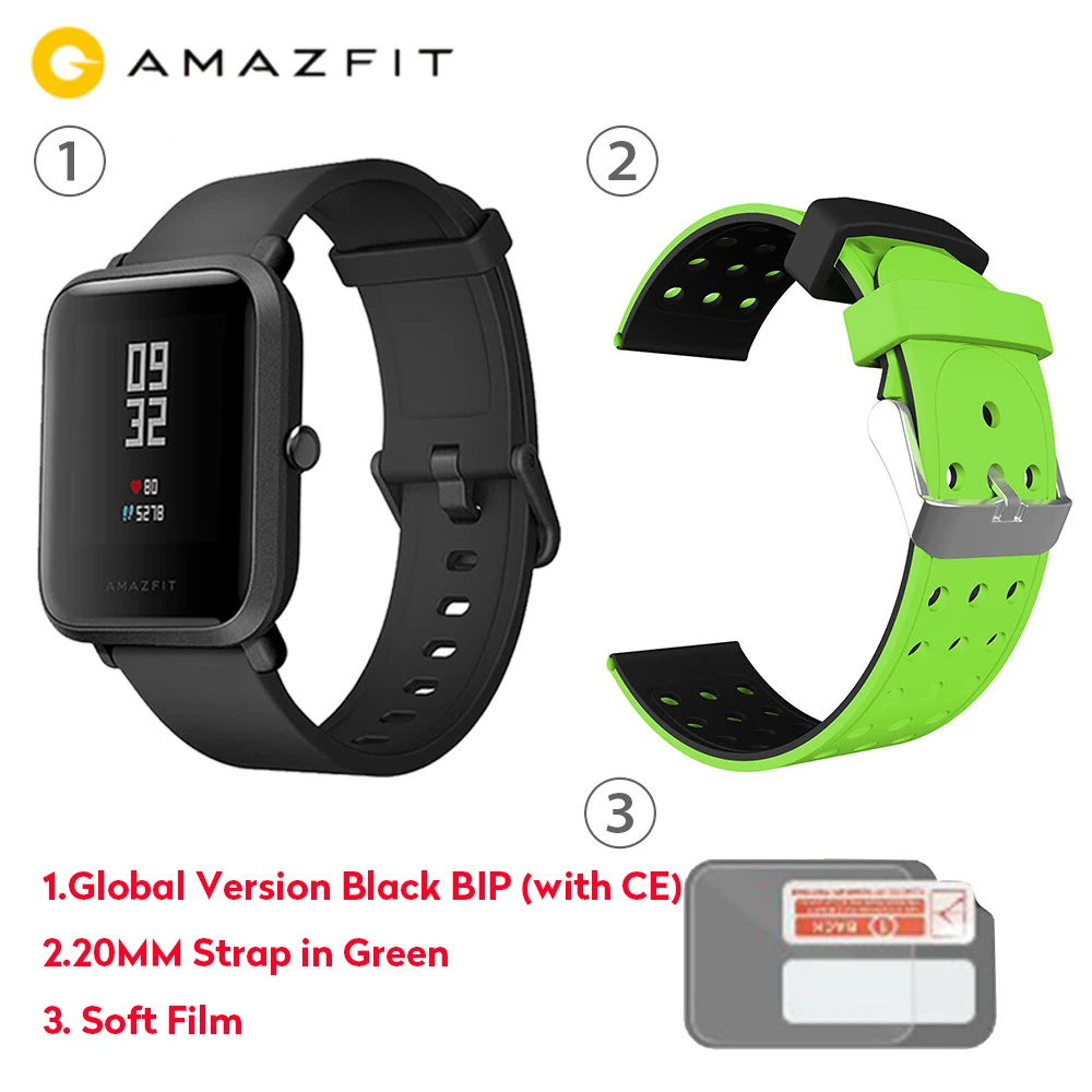 Global Amazfit Bip умные часы Bluetooth gps спортивный монитор сердечного ритма IP68 Водонепроницаемый напоминание о звонках MiFit APP будильник вибрация - Цвет: add green strap