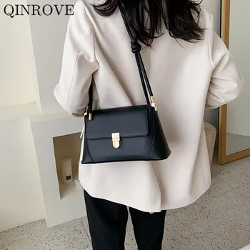 

QINROVE 2020 Women Baguette-Bags small vintage PU Leather shoulder bag Luxury fashion elegrant ladies solid color retro hand bag