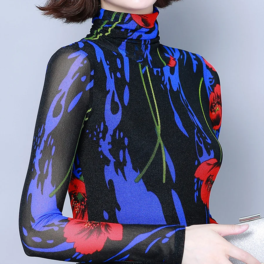 

mesh shirt top 2019 autumn new printing bottoming shirt female long sleeve plus size t-shirt fashion elegant t shirt women