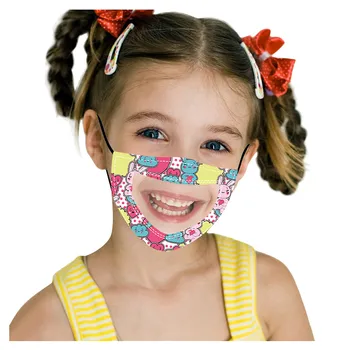 

5PCS Cartoon Printed Kids Masks With Clear Window Transparent PVC Visible Expression Mouth Mask Reusable Face Cover Tapabocas