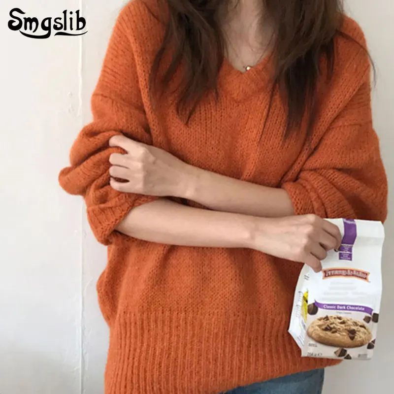 

2019 Autumn Winter Women sweaters tops INS v-neck orange warm Korean Style Minimalist Casual office lady loose fashion pullovers