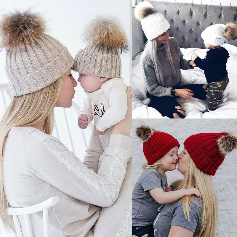 Родитель-Детские шапочки с помпоном теплый мех енота Bobble Mommy Beanie шапки Дети хлопок вязаный мама детская зимняя шапка шапки