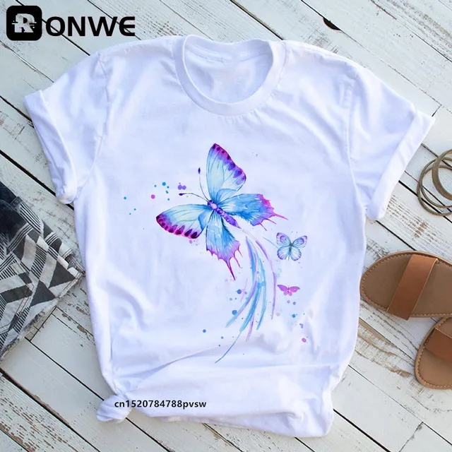 Woman Butterfly Tree Print Harajuku Summer Tshirts Casual Round Neck Short Slee Top Tee Shirt,Drop Ship B2021-7