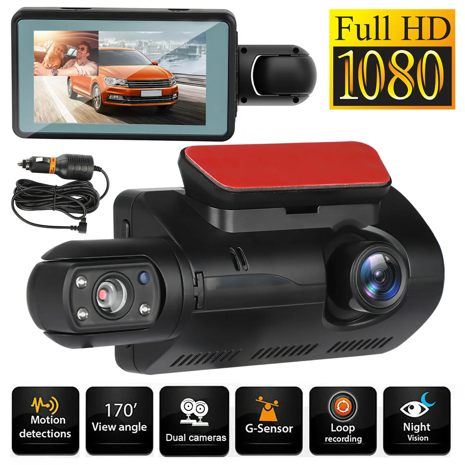 HD 1080P 3'' Car DVR Dual Lens Rearview Dash Cam Video Recorder Camera G-sensor 