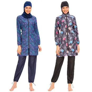 

3pcs Swimsuit Muslim Women Burkini Floral Print Swimwear Islamic Hijab Modest Beachwear Full Cover Bathing Suit Arab Zipper Swim