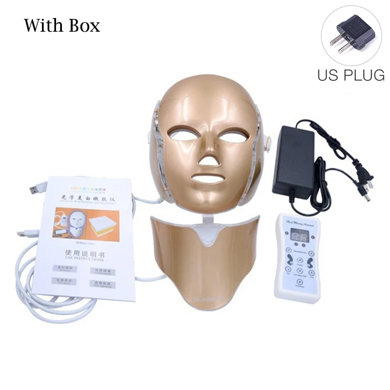 7 цветов светодиодный маска для лица и шеи, маска для красоты, светодиодный, для омоложения кожи, против морщин, фотонная терапия, радиочастотный инструмент для ухода за кожей - Цвет: US Pluge-Gold Box