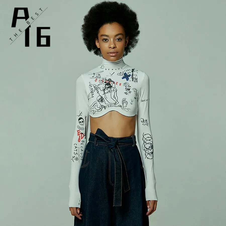 A16 new women's half-high collar long-sleeved printed short fashion bottoming T-shirt