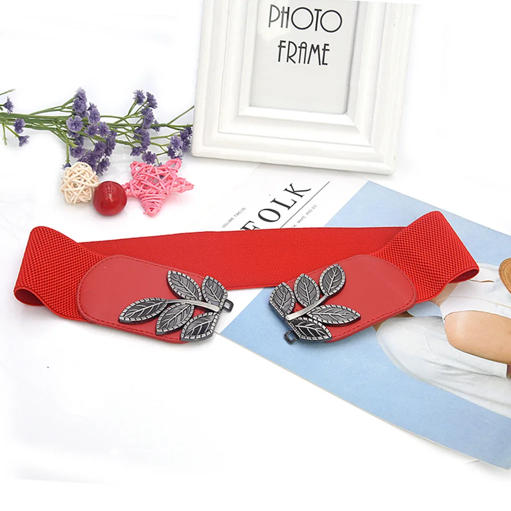 New Women Belt Solid Wide Waistband Elastic Dress Decorative Belt Leaf Alloy Buckle Belt Casual pasek damski ceinture femme#H