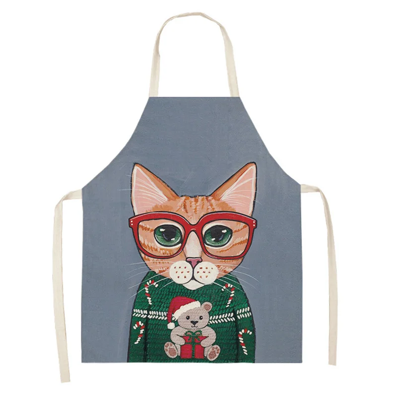Women Kitchen Apron Cotton Linen Cartoon Cat Sleeveless Chef Cooking Aprons Kitchen accessories 68*55cm 0094