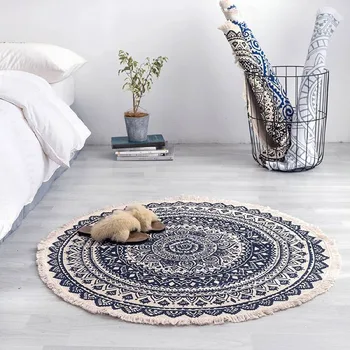 

Morocco Round Carpet Bedroom Boho Style Tassel Cotton Rug Hand Woven National Classic Tapestry Sofa Cushion Tatami Floor Mats