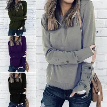 

Women Sweatshirt Winter Autumn Solid Color O Neck Button Split Long Sleeve Pullover Sweatshirt Women Ladies Pullover Streetwear