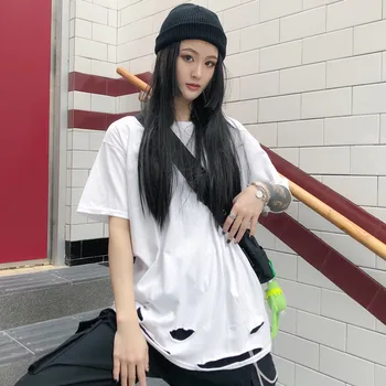 

Korea NEW FASHION 2020 Summer Hollow Out O-Neck Woman Girl Streetwear Korea Hole BF Loose T Shirt Tops Q004