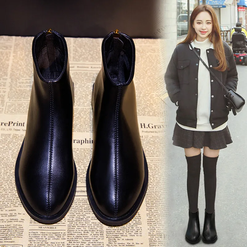 

women boots 2019 Martin boots short boots British style celebrity back zipper flat heel leather boots women women's boots