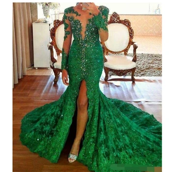 

Sexy Emerald Green Sheer Neck Mermaid Evening Dress 2020 Long Sleeves robe de soiree High Front Splited Beading Evening Gown