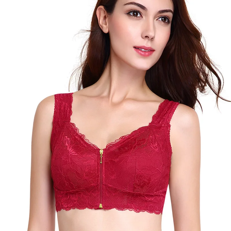 Red H9639 бюстгальтер на молнии спереди с полной чашкой, нижнее белье, хирургический резекционный бюстгальтер, сексуальный бюстгальтер без стального кольца - Цвет: Red