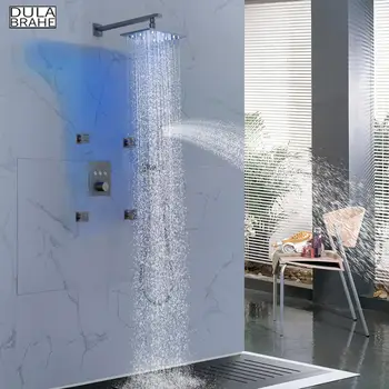 شراءنحى الحمام دش صنبور مجموعة ترموستاتي خلاط حوض الاستحمام الصنابير نظام إخفاء دش LED حمام مستطيل دش رئيس