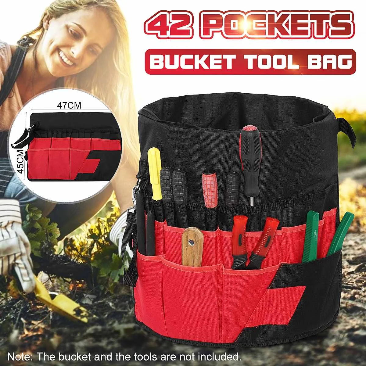 

5 Gallon Bucket Tool Bag 42 Storage Pockets Garden Work Tool Set Bags Organizer (Tools Excluded) Waterproof Oxford Cloth Durable