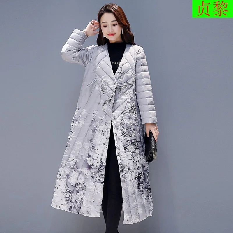 

China Ethnic-Style Cotton-padded Clothes Women's 2018 Winter New Style Korean-style Exta-long Printed over-the-Knee down Jacket