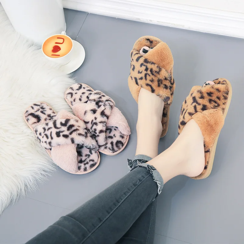 

Leopord Pattern Cross Plush Slipper Women's Autumn And Winter Habitat Home Flat Anti-slip Cotton Slippers Europe And America Fas