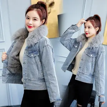 

Winter Velvet Thick Jeans Jacket Solid Faux Fur Collar Fleece Hooded Denim Coat Female Warm Denim Outerwear