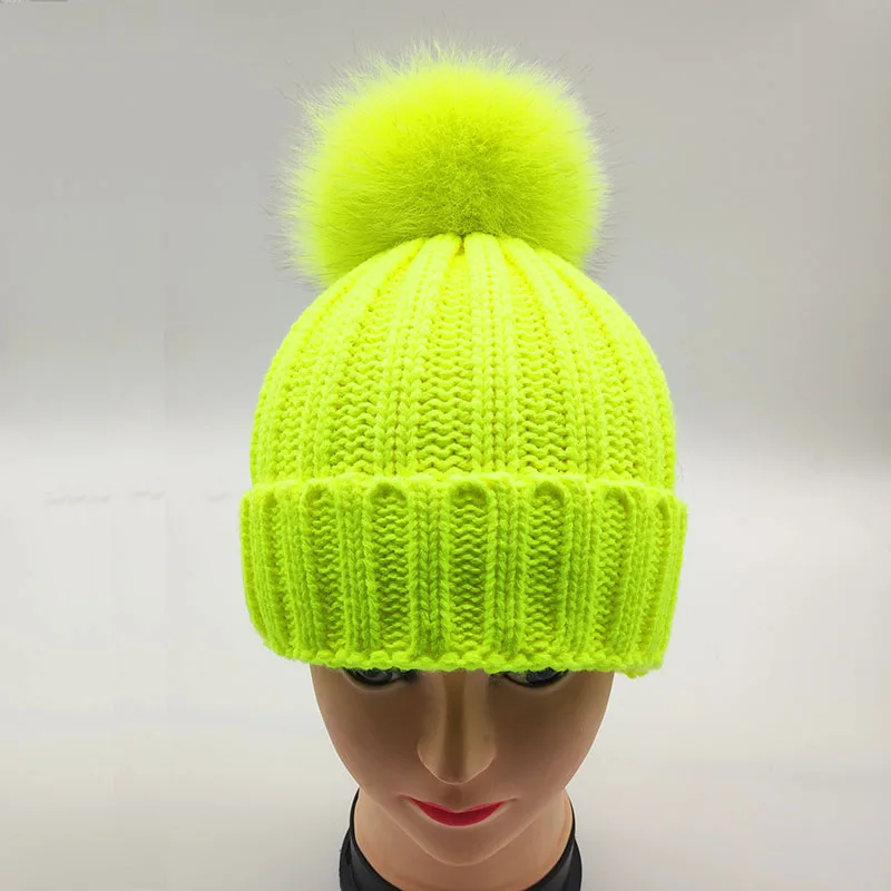Bright yellow Детские вязанные шапки-бобы с натуральным мехом лисы и енота, 15 см, зимние детские повседневные Шапки с помпонами для мальчиков и девочек - Цвет: Bright yellow