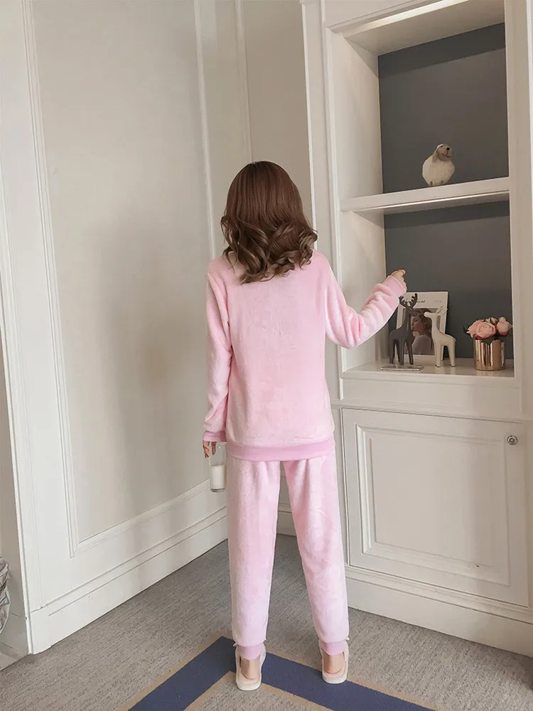 Women Pajama Sets Autumn Winter Pajamas Flannel Cartoon Thick Warm Women Sleepwear Cute Animal Female Homewear