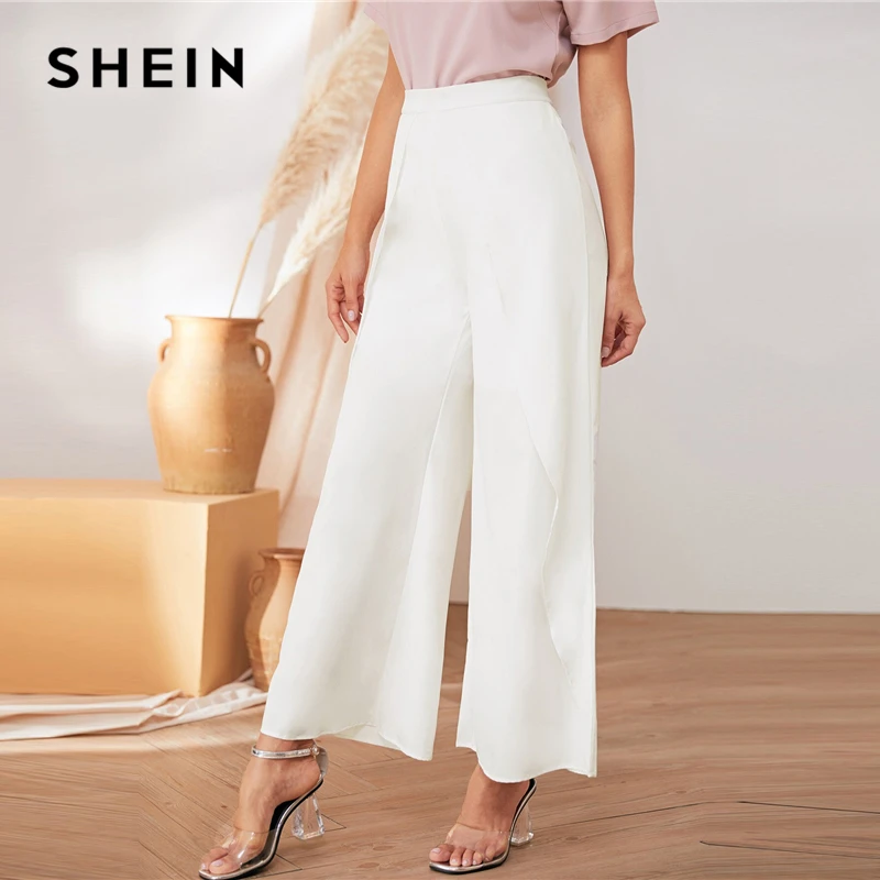 SHEIN белые Однотонные эластичные талии повседневные свободные длинные брюки женские брюки осенние широкие брюки с воланами для офисных дам
