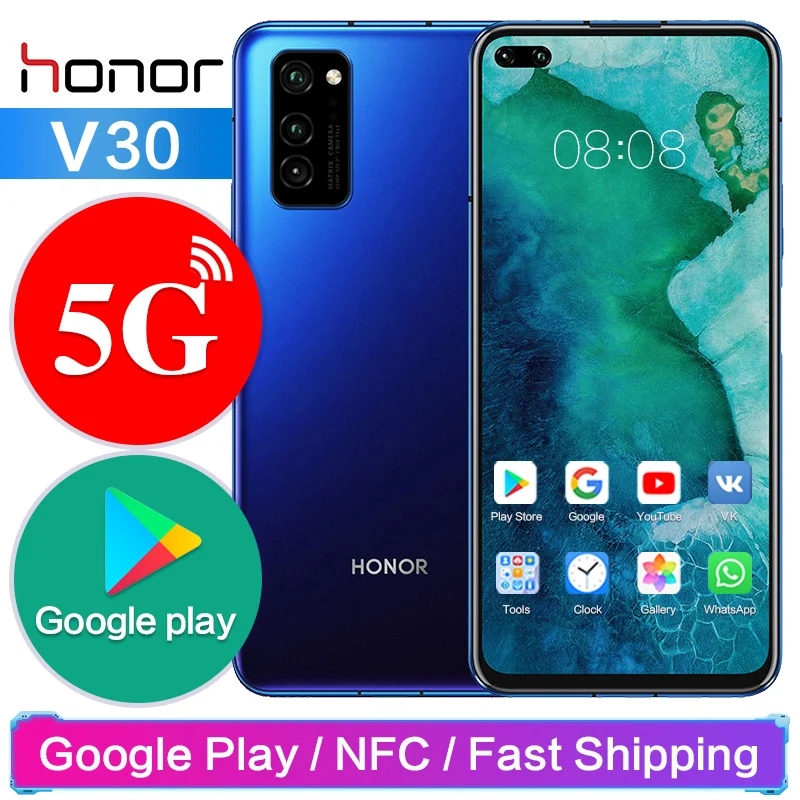 Honor V30 5G 6,5" Kirin 990 5x zoom Android 10 Поддержка NFC Google Play 8G 128G 40w supercharge 4200mAh 5 камер 40 МП 2400*1080