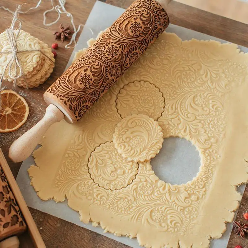 VKTECH Christmas Embossing Rolling Pin Baking Cookies Noodle Biscuit Fondant Cake Dough Engraved Roller Reindeer Snowflake Hot